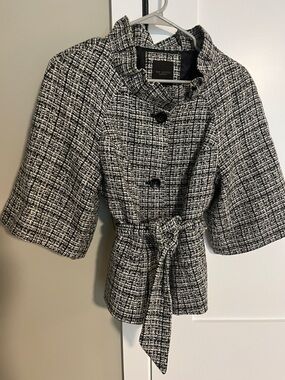 The Limited Black & White Tweed Belted Short-Sleeve Jacket